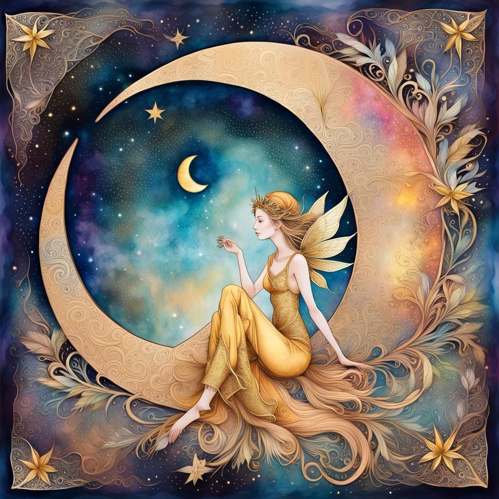 Golden Fairy in Crescent Moon Astral Illustration
