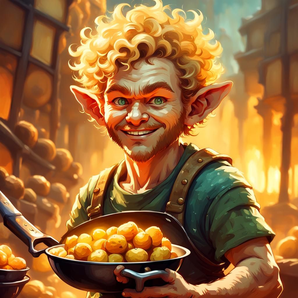 Charming Halfling Rogue with Potato, Impressionist Oil Paint...