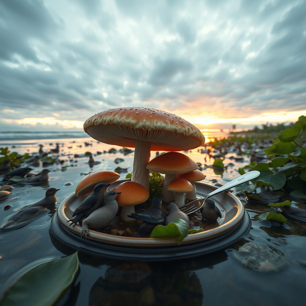 Surreal Sunset: Giant Mushrooms on Water