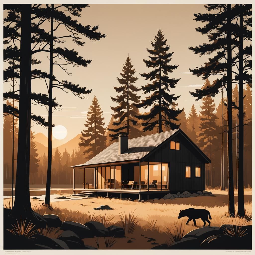 Minimalist Cabin Architecture Illustration in Golden Hour