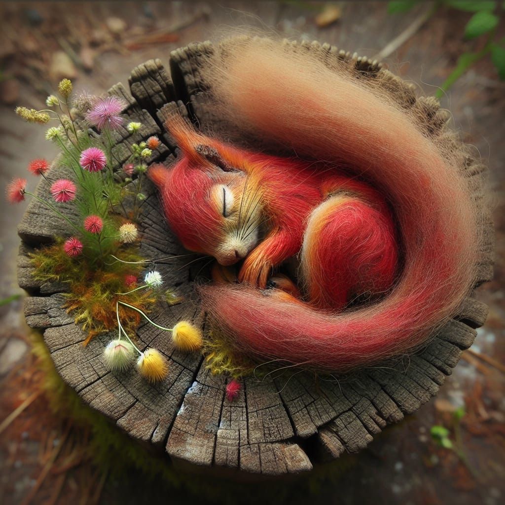 Sleeping Red Squirrel on Ancient Tree Stump