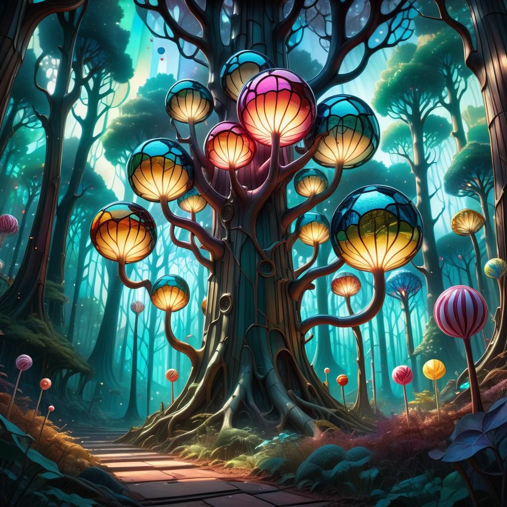 Stained Glass Forest with Lollipop Lamps: Digital Art