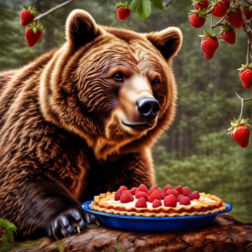 Cute Bear Eats Pie: Hyperrealistic 64 Megapixel Image