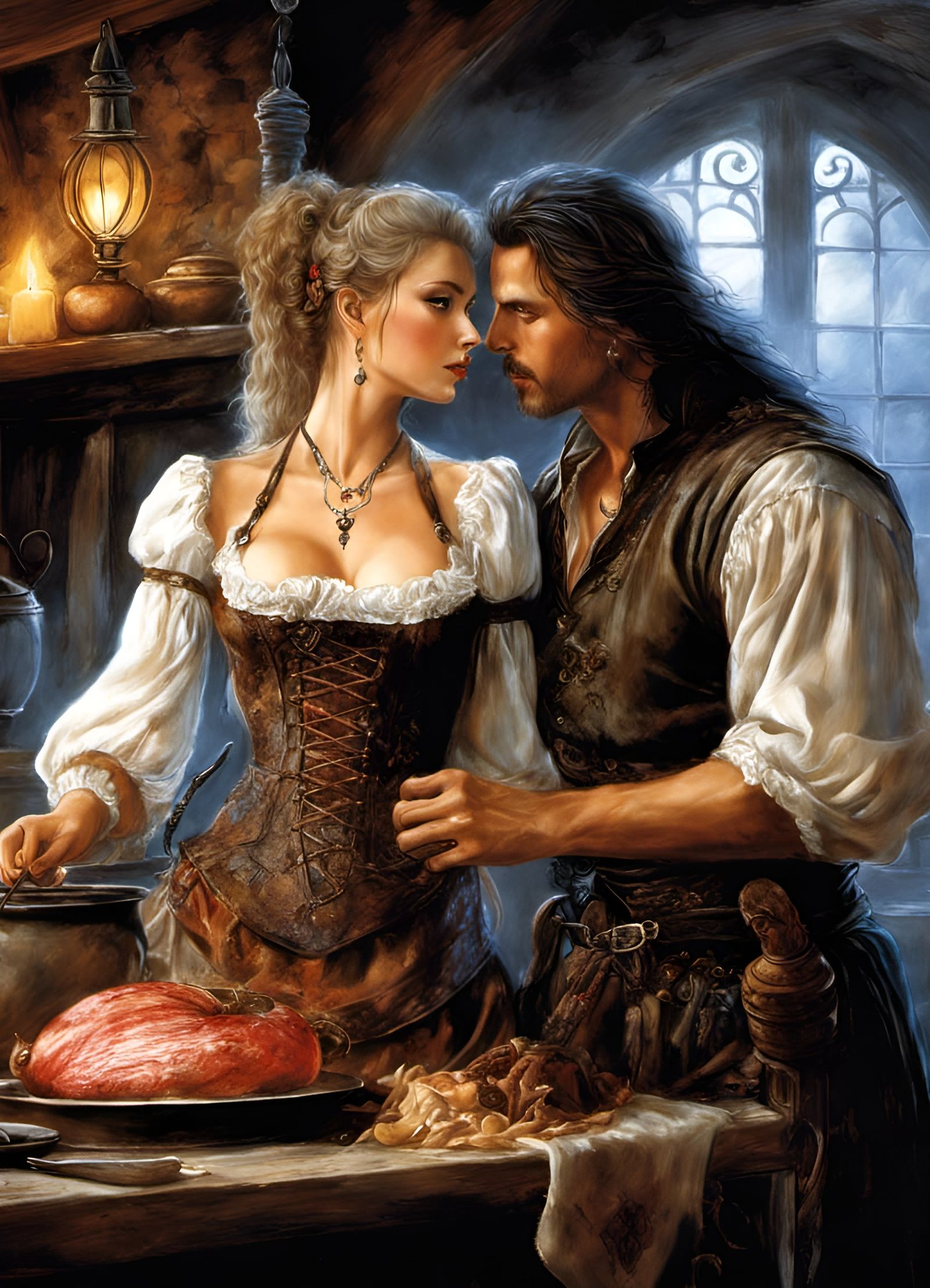Flirty Wench Kissing Cook: Dark Fantasy Digital Art