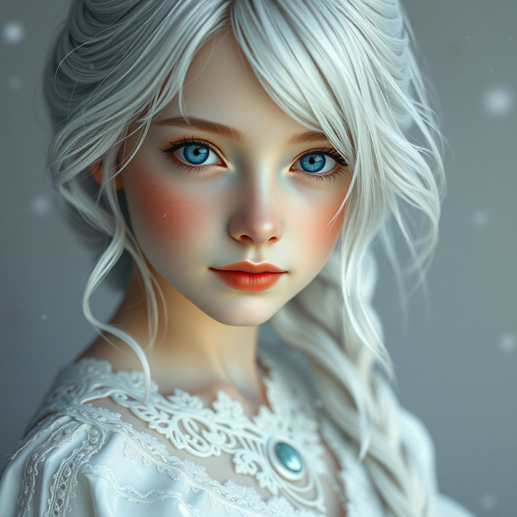 Enchanting Girl with Snowflakes, Hyperrealistic Style