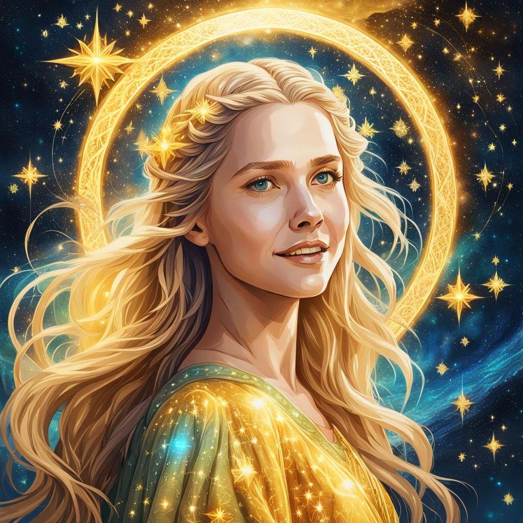 Galadriel with Golden Hair in Cosmic Illustration