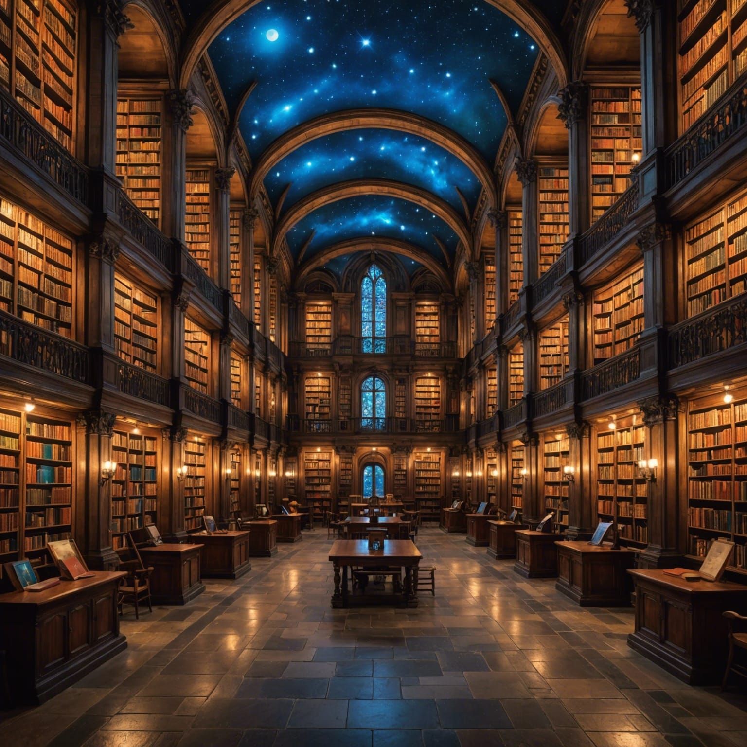 Enchanted Library with Castle Display, Digital Art