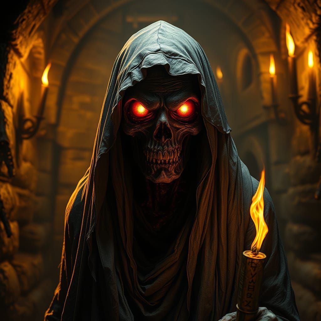 Undead She-Lich Illuminated by Flickering Torches in a Dark ...