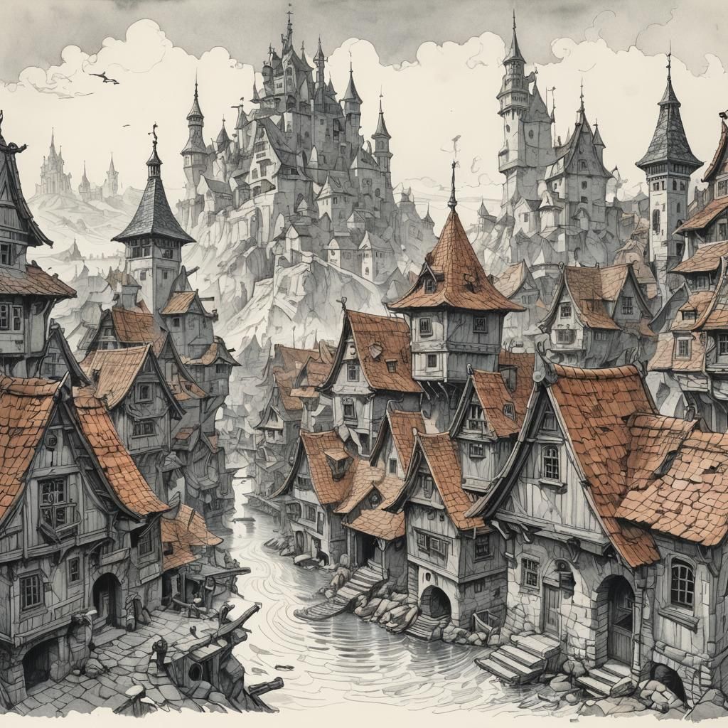 Escher-Inspired Ink and Watercolor Village Illustration