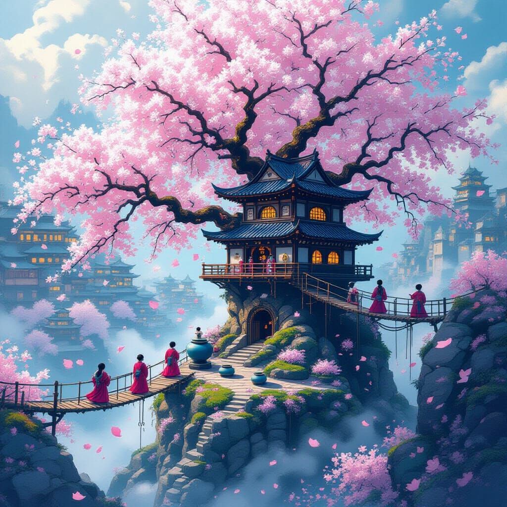 Ink Bottle City on Sakura Tree: Fantasy Concept Art