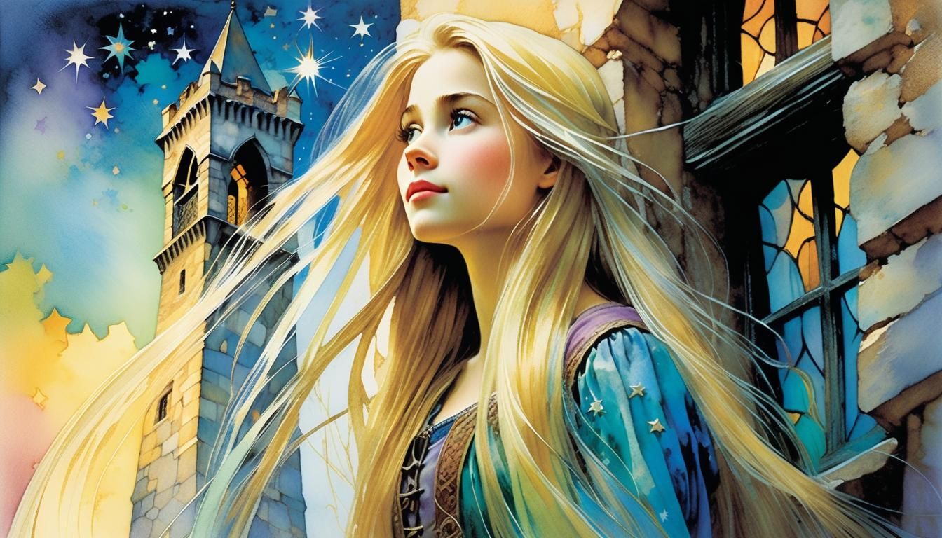 Rapunzel in Tower with Long Hair in Aquarelle Style