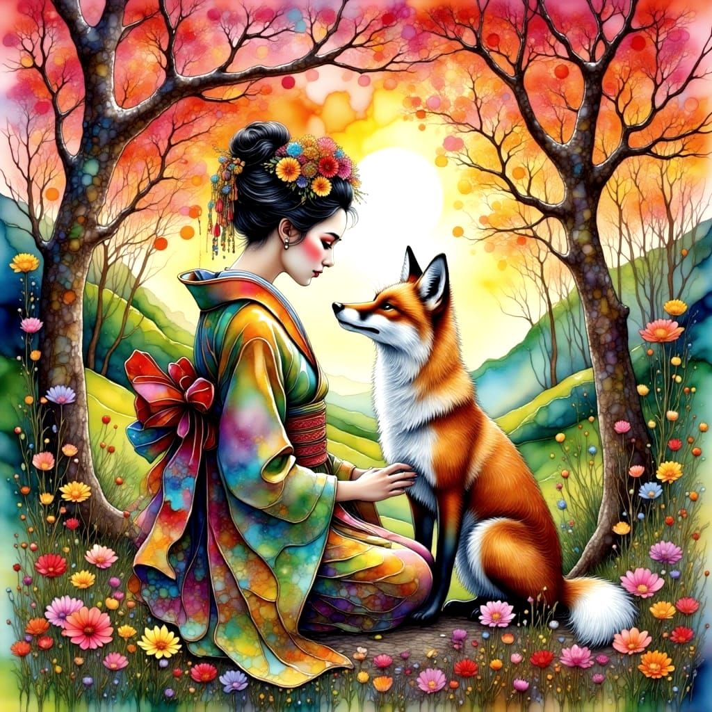 Ethereal Geisha and Fox in a Lush Wildflower Meadow