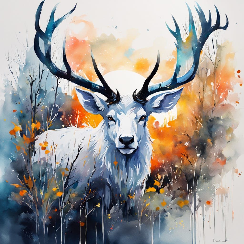 Magical White Elk with Glowing Horns in Watercolor