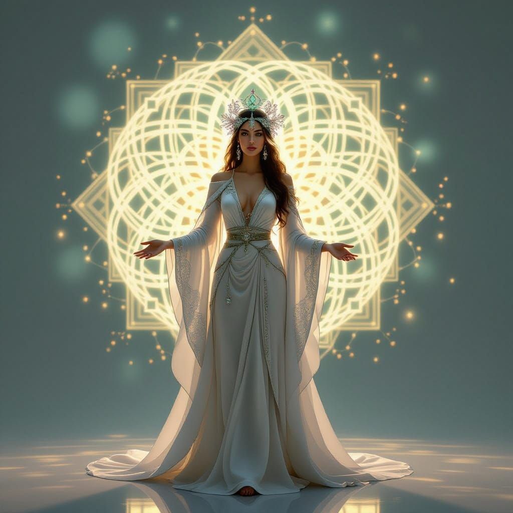 Ethereal Goddess in Glowing Lattice of Magical Squares