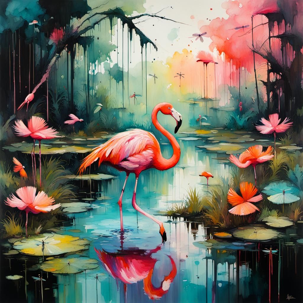 Flamingo in Colorful Swamp with Dragonflies, Splash Art