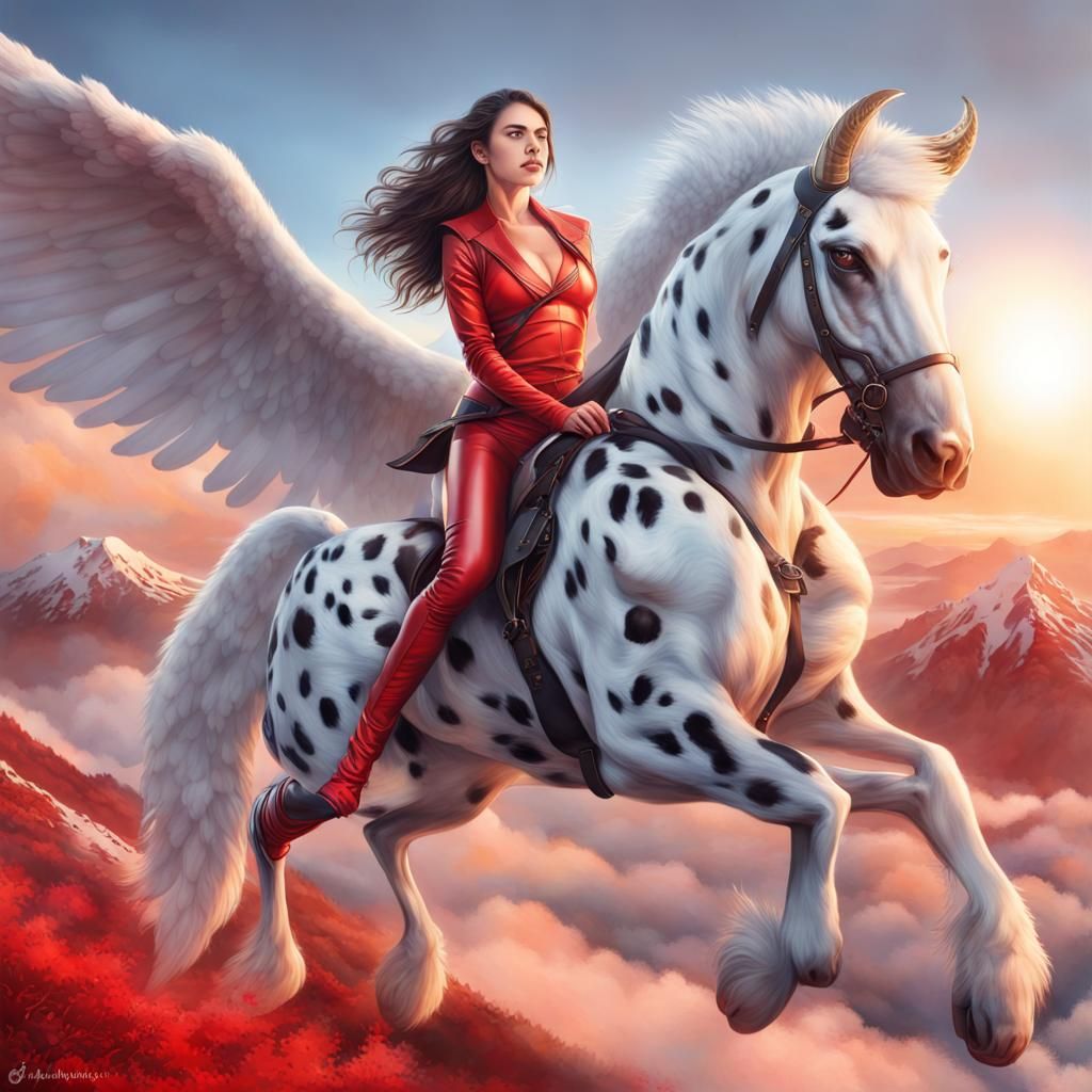 Ninja Girl on Winged Pegasus Soaring from Mt. Fuji