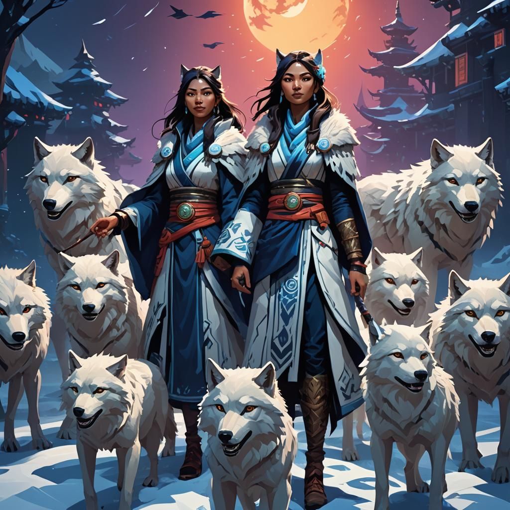 Sister Simay with Wolves in Low-Poly Pixel Art