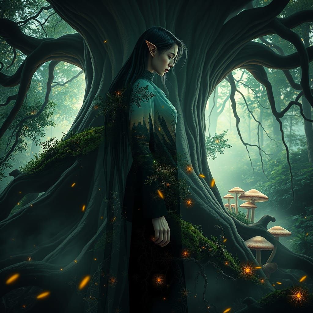 Ethereal Elf in Enchanted Forest: Double Exposure