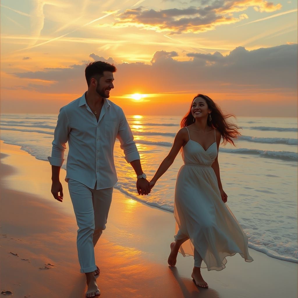 Romantic Beach Sunset Couple in Soft Realism