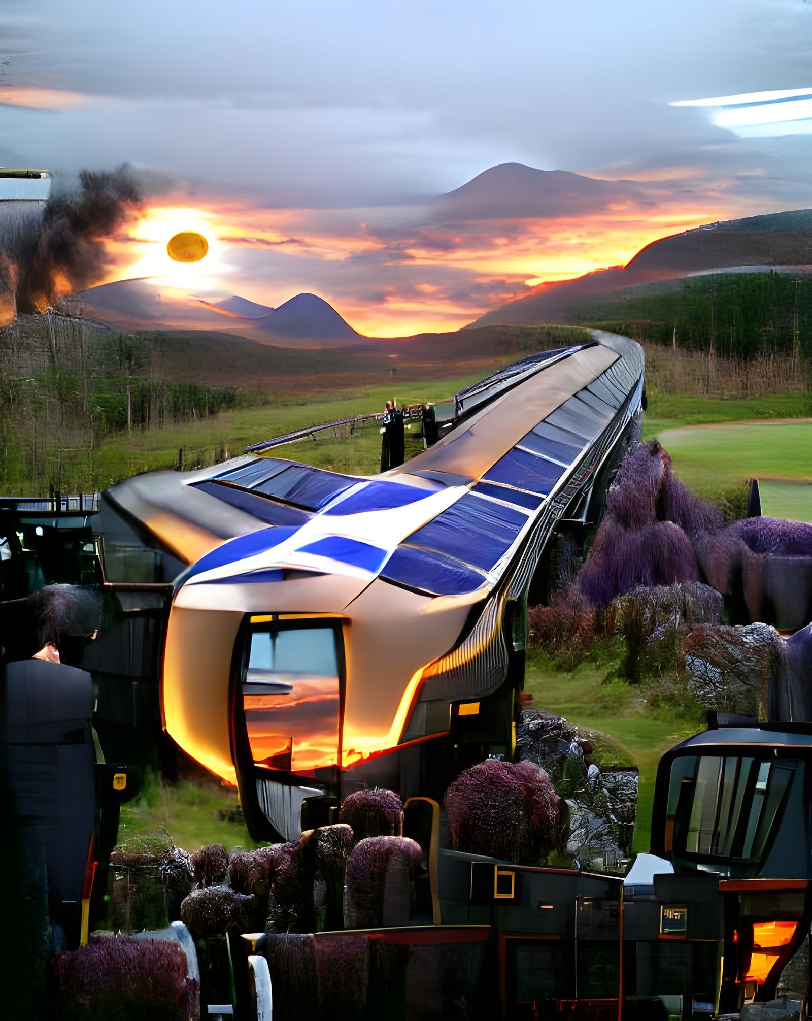 Train Arrives in Scottish Highlands at Sunset
