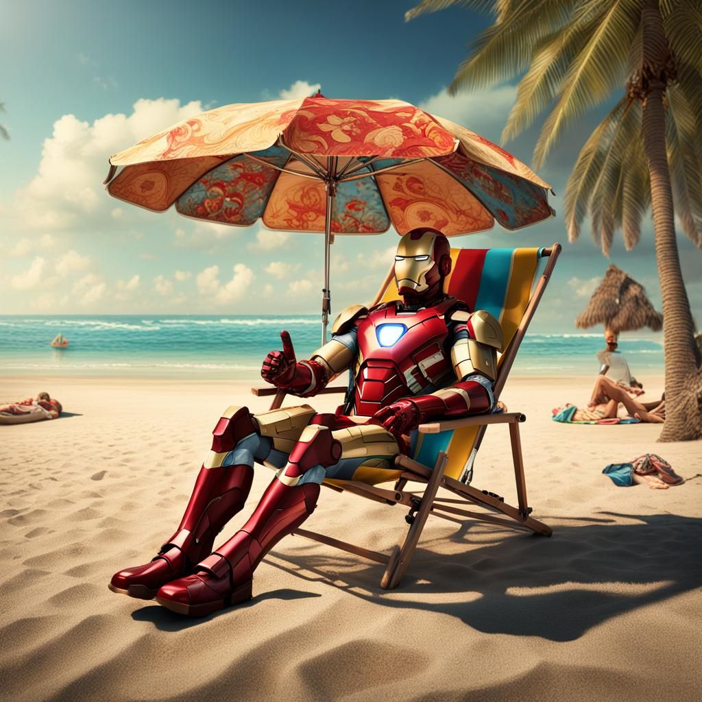 Iron Man Chilling on a Beach in Hyperrealism