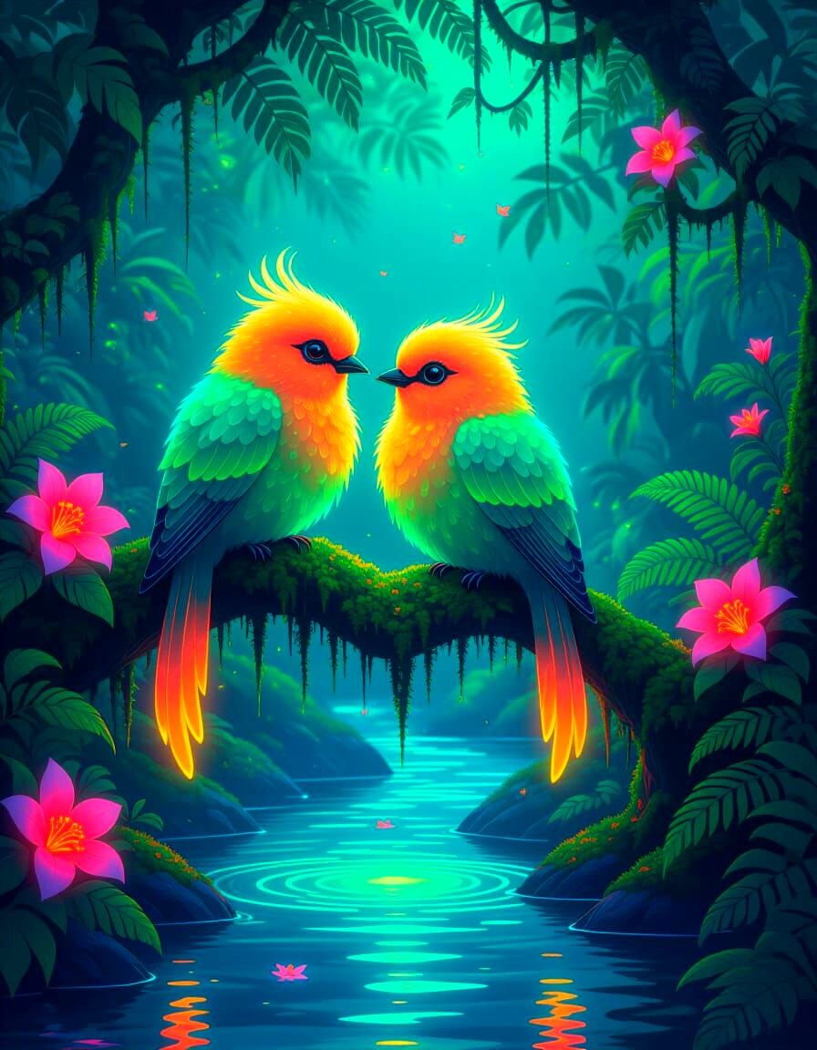 Bioluminescent Birds in a Neon Jungle