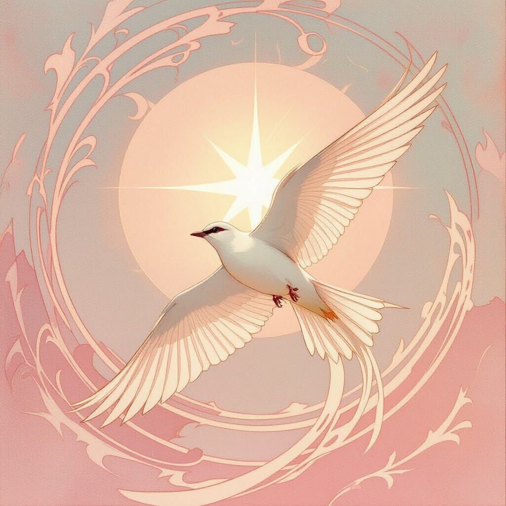 Elegant Swift in Flight Against Radiant Star, Art Nouveau St...