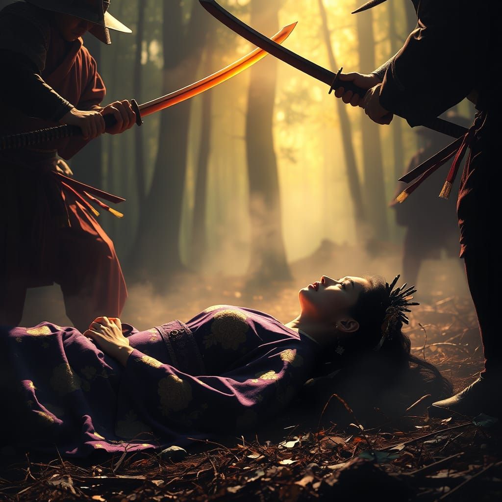 Serene Japanese Woman Amidst Samurai Battle in Dramatic, Hyp...