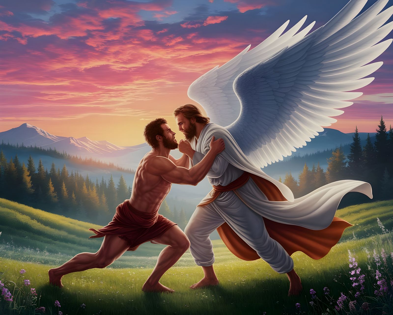 Jacob Wrestling Angel at Dawn: Realistic Biblical Scene