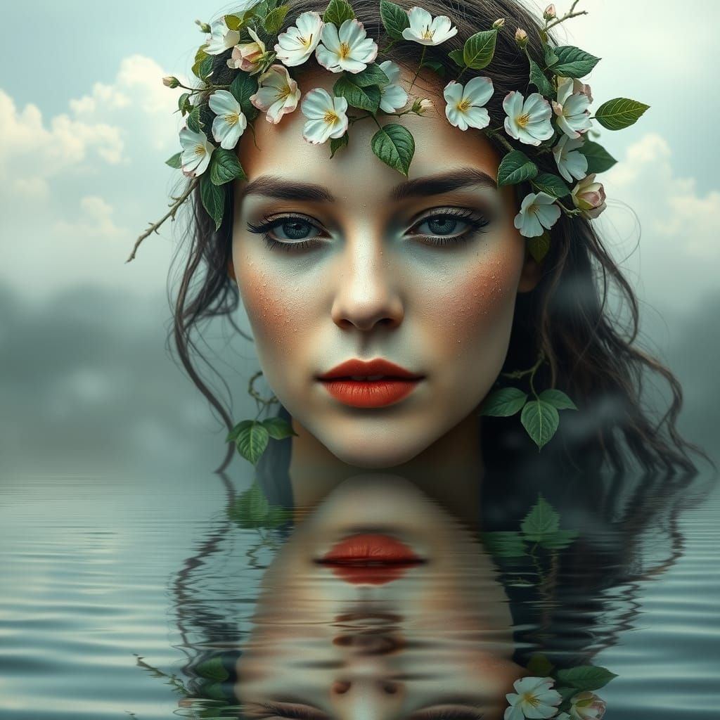 Hyper-Realistic Portrait of a Woman Blended with Nature's El...