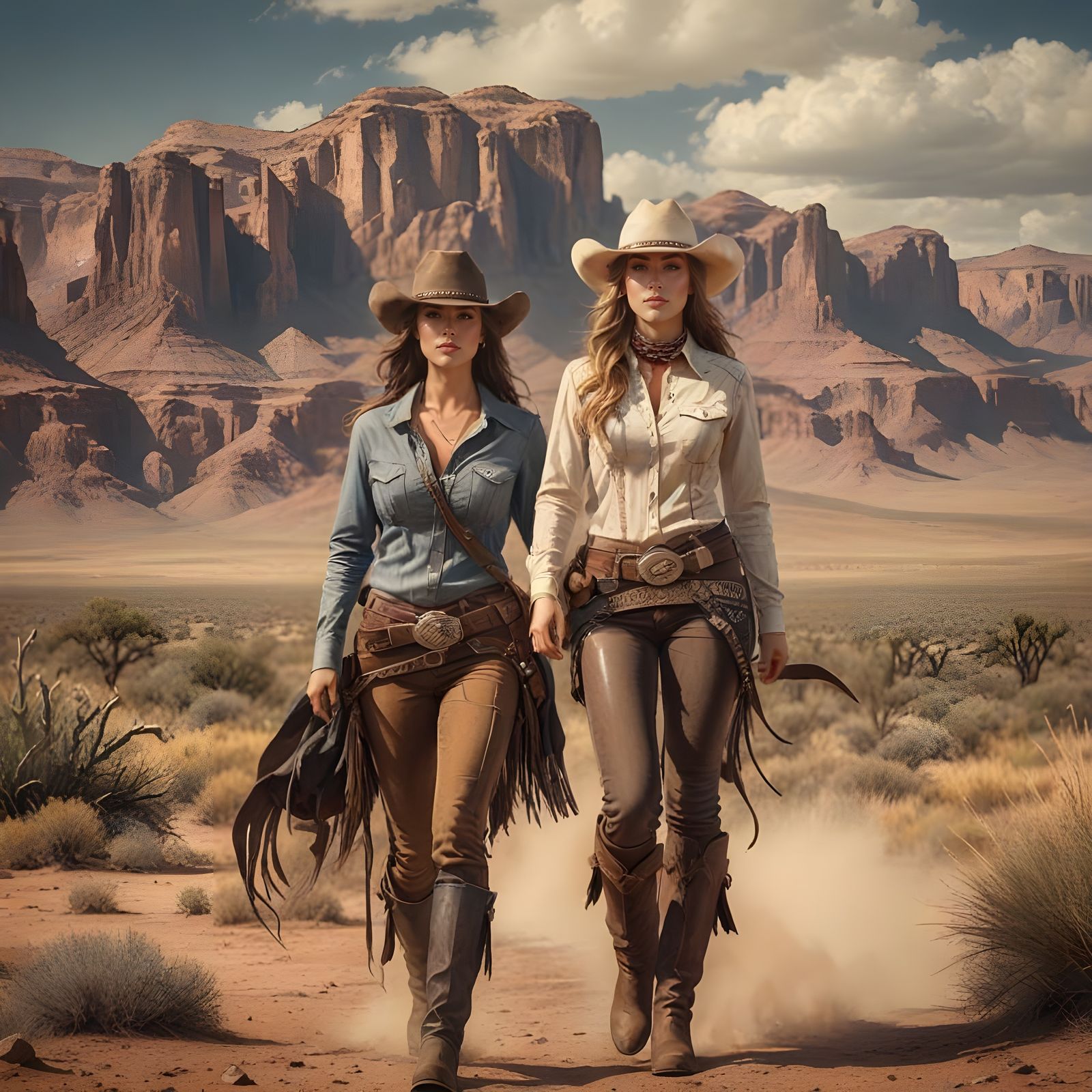 Two Cowgirls in Wild West Desert Landscape