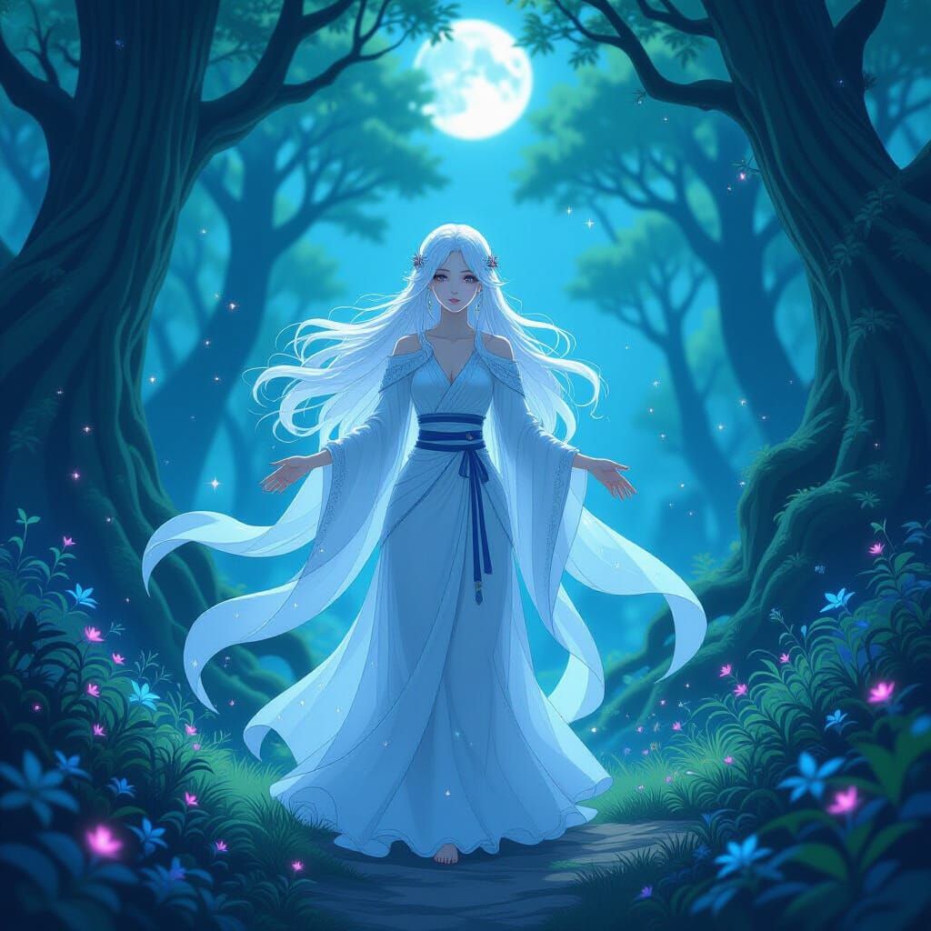 Ethereal Spirit in Moonlit Mystical Forest Anime Style