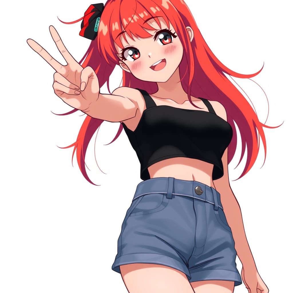 Sleek Anime Girl in Vibrant Red Hair and Gradient Blue Backg...