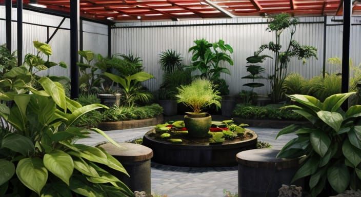 Steampunk Geisha in an Industrial Oasis Garden