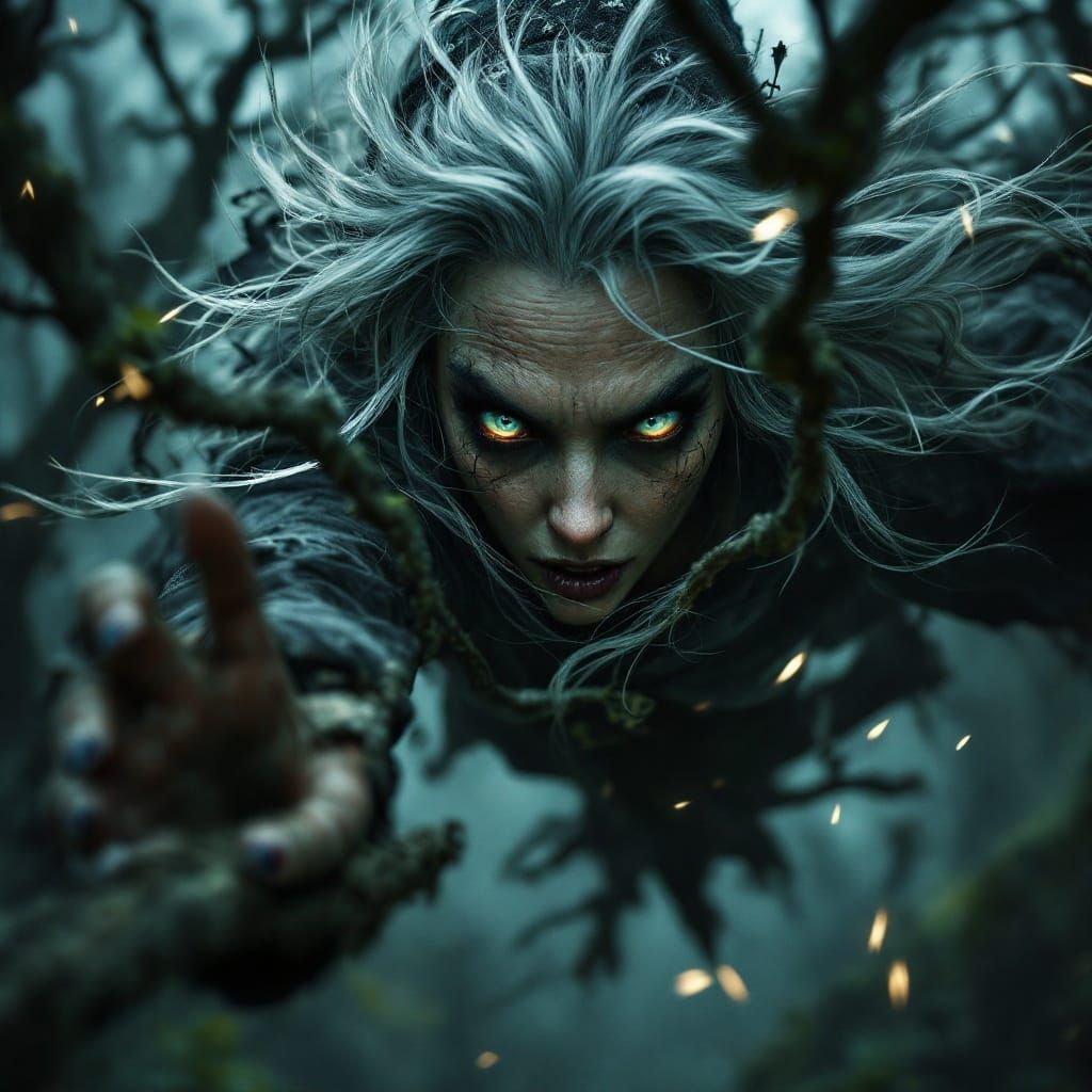 Mystical Baba Yaga Soars Through Muted Forest in Low-Angle P...