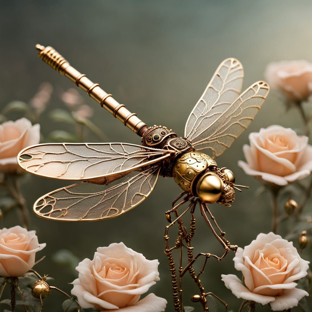 Clockwork Dragonfly with Spider Silk Wings on Rose
