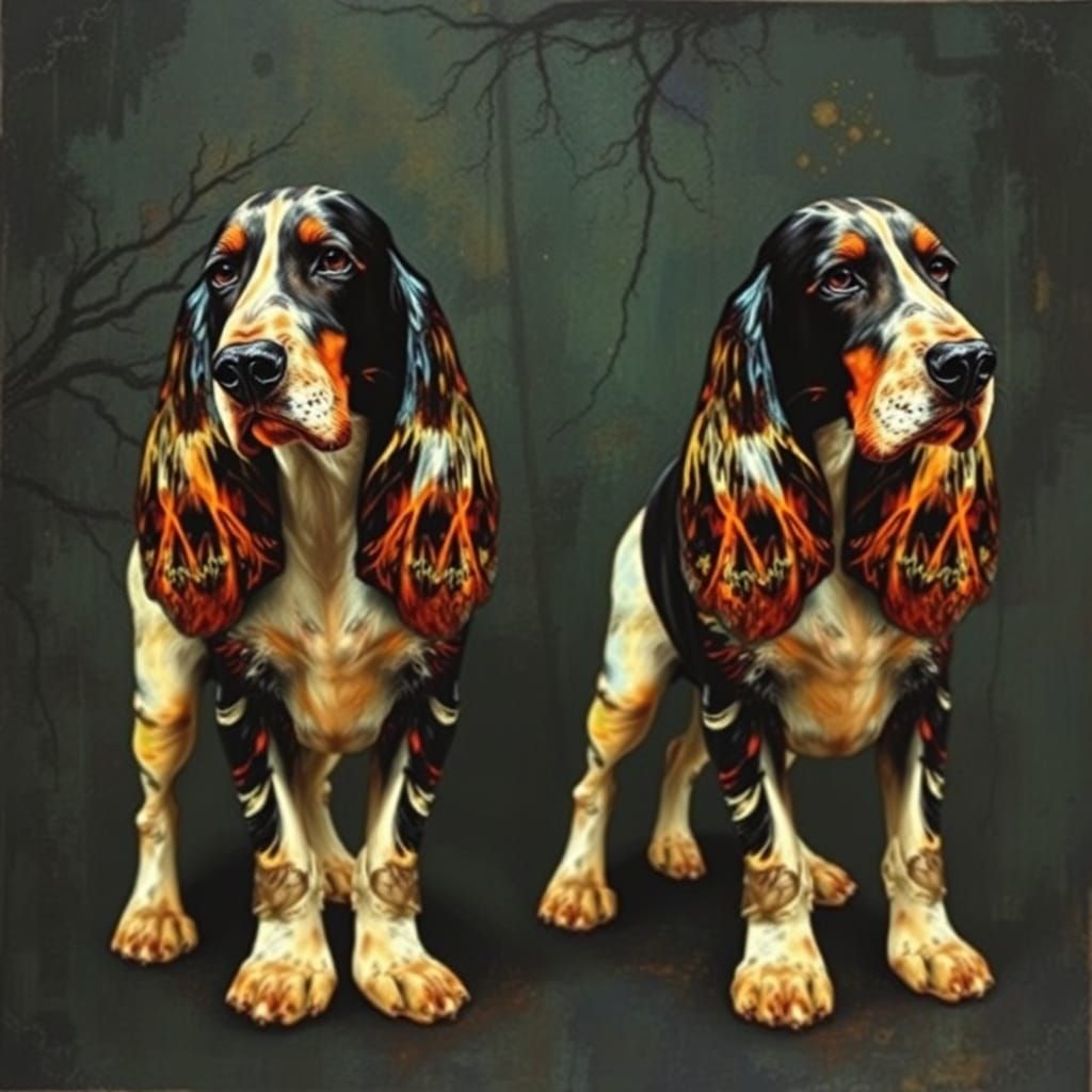 Luminous Gothic Mixed Media Collage of Bassett Hounds