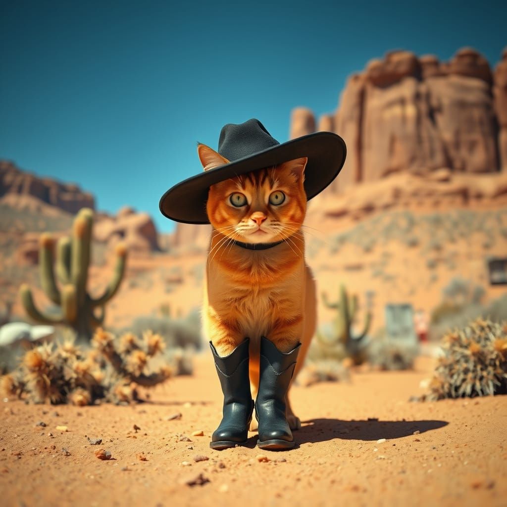 Ginger Cat Cowboy in Desert Landscape, Realistic Style