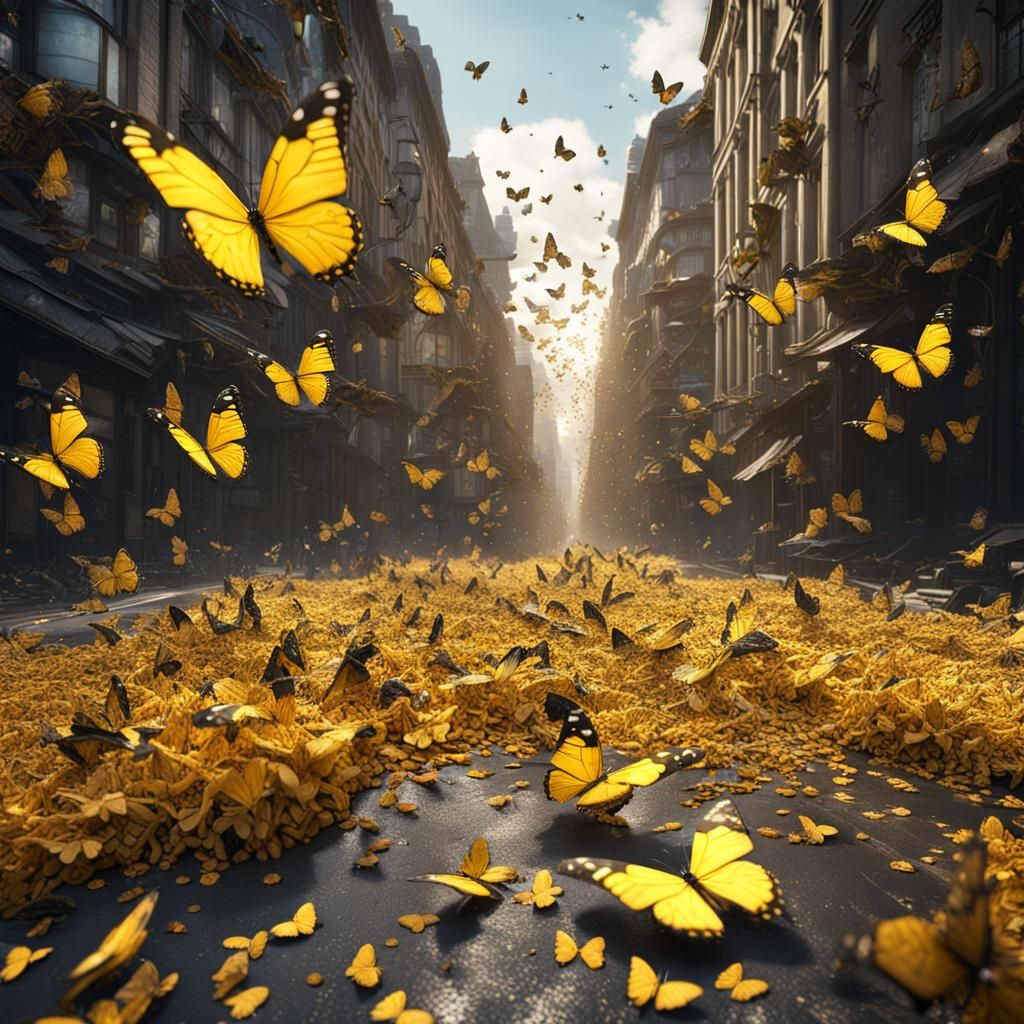 Butterflies Fill City Street: Detailed Matte Painting