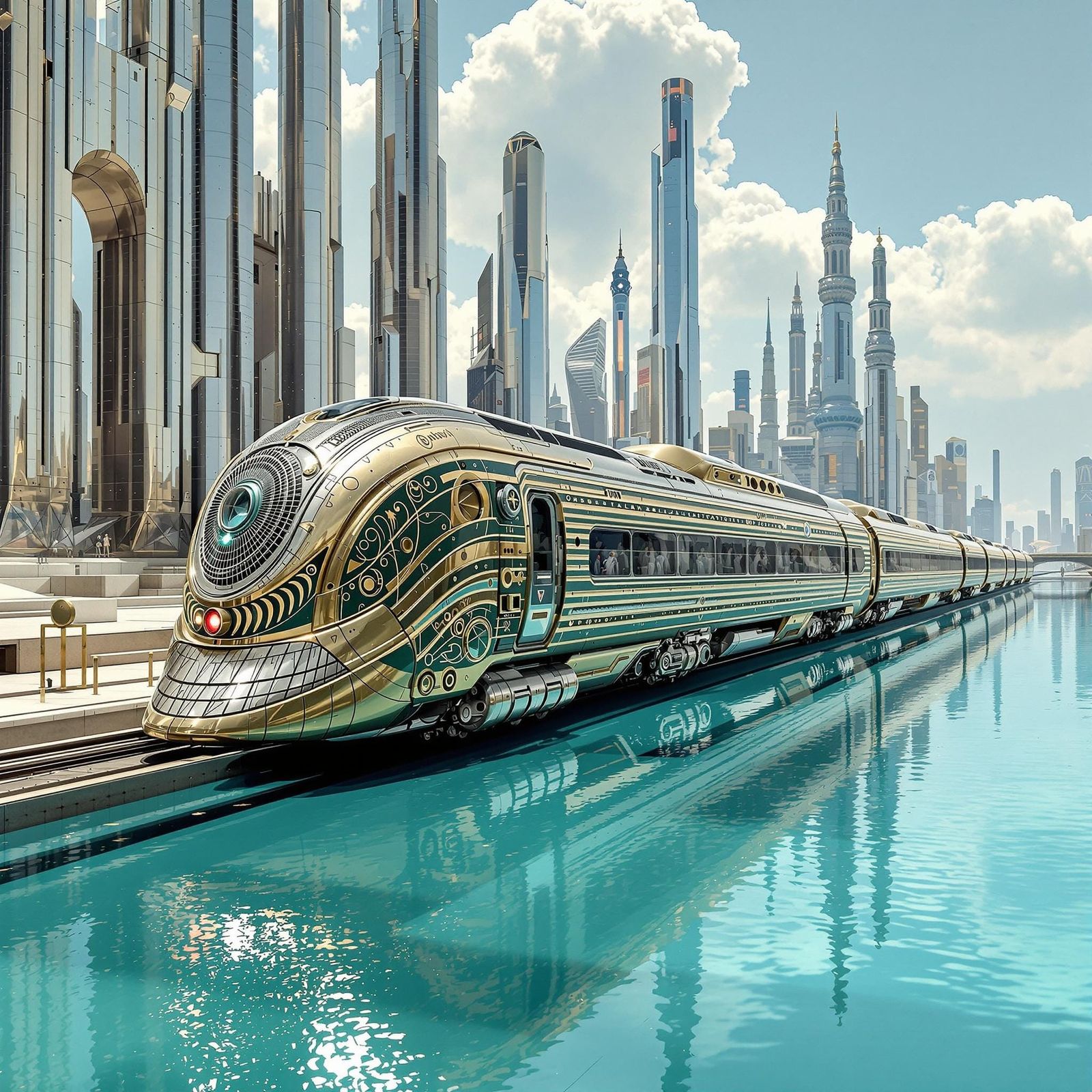 Retro-Futuristic Brass Train in a Metallic City