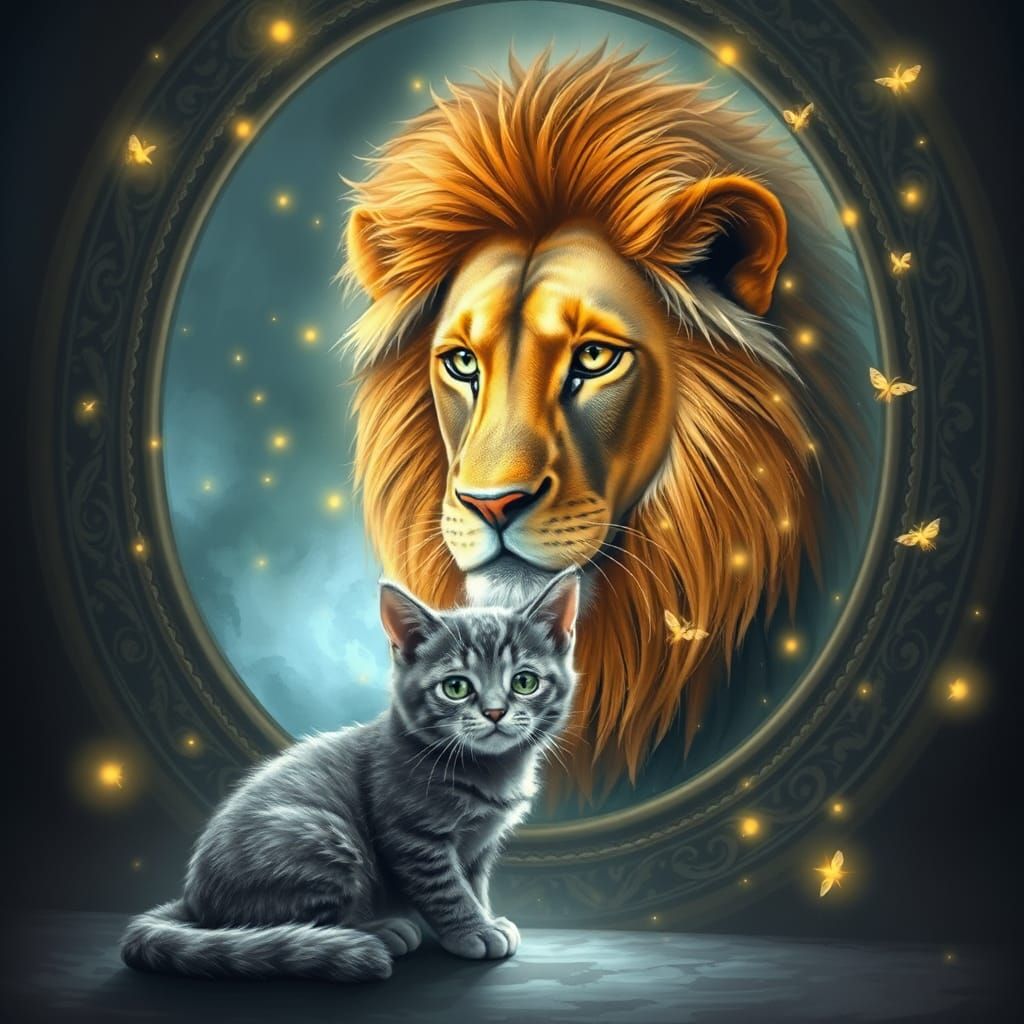 Cat's Reflection: Lion and Fireflies in Magical Mirror