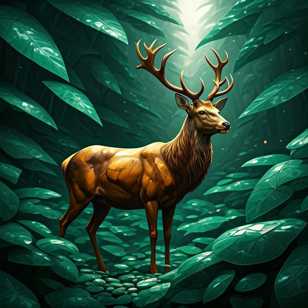 A Regal Deer amidst a Lush Jade Gemstone Forest