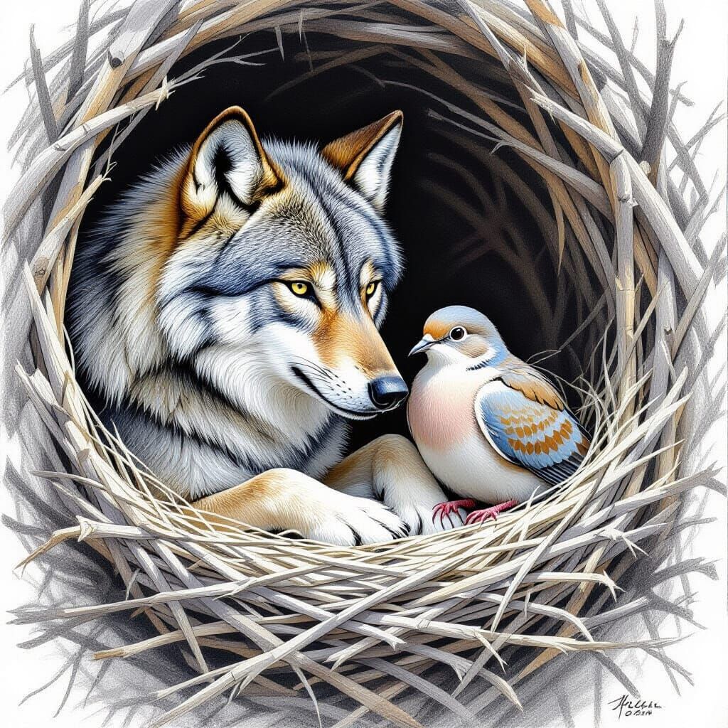 Wolf and Dove Share Nest in Delicate Pencil Drawing