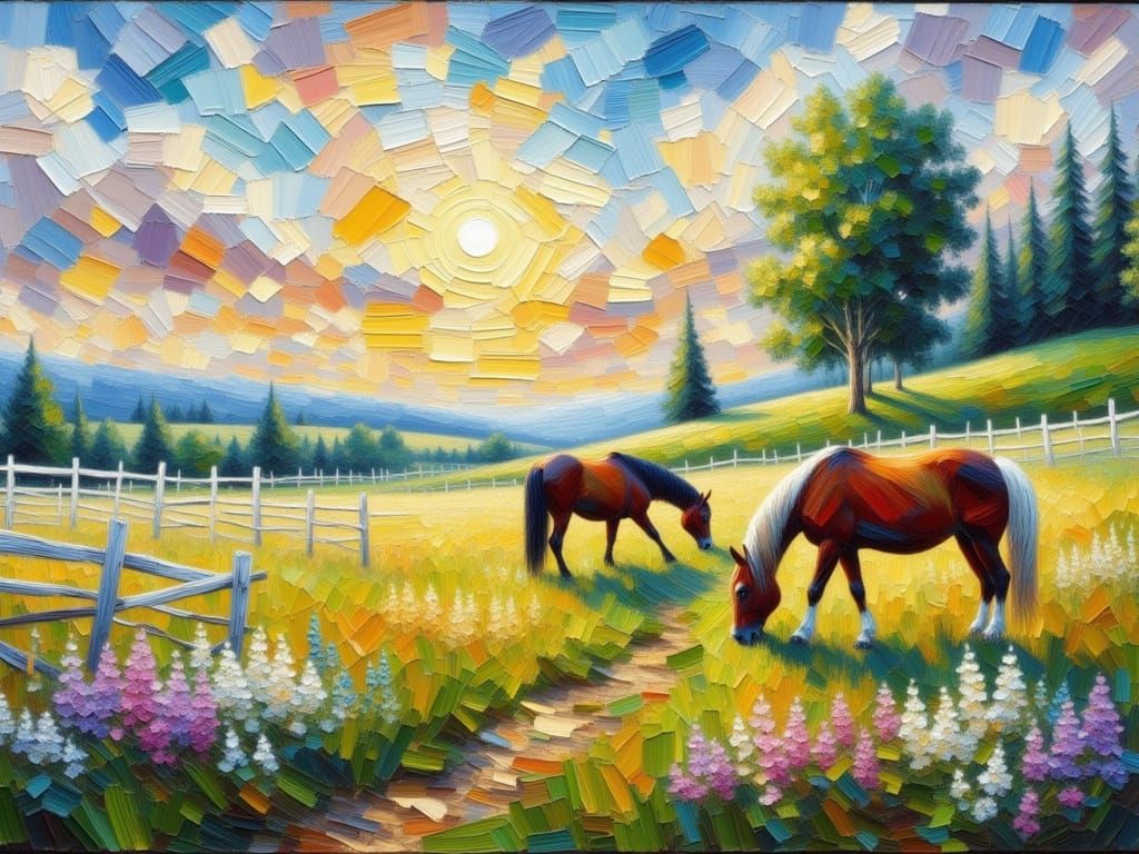 Whimsical Oil Painting of Horses in a Golden Sunset Landscap...