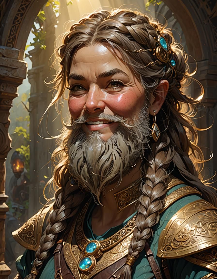 Epic Portrait of a Smiling Bearded Dwarf Woman