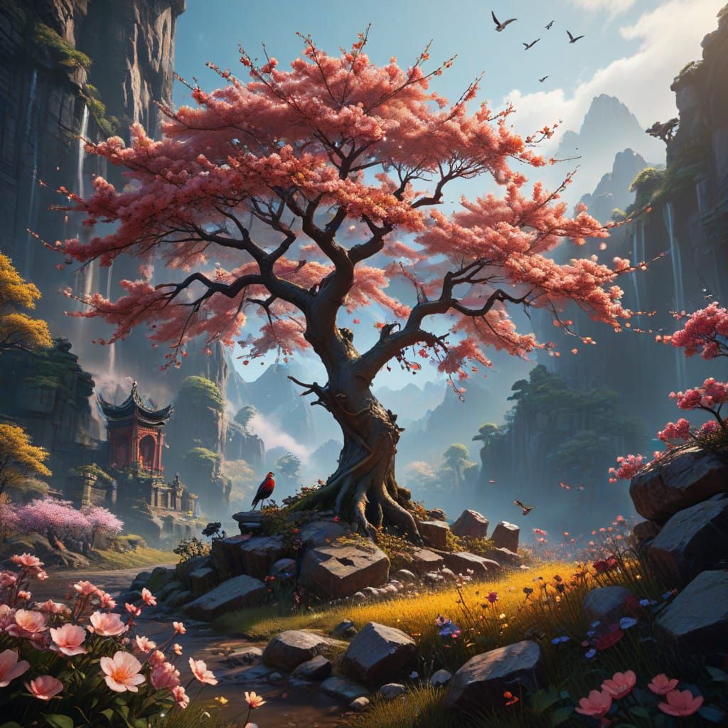 Blossom Tree Bird in Vibrant, Cinematic Style