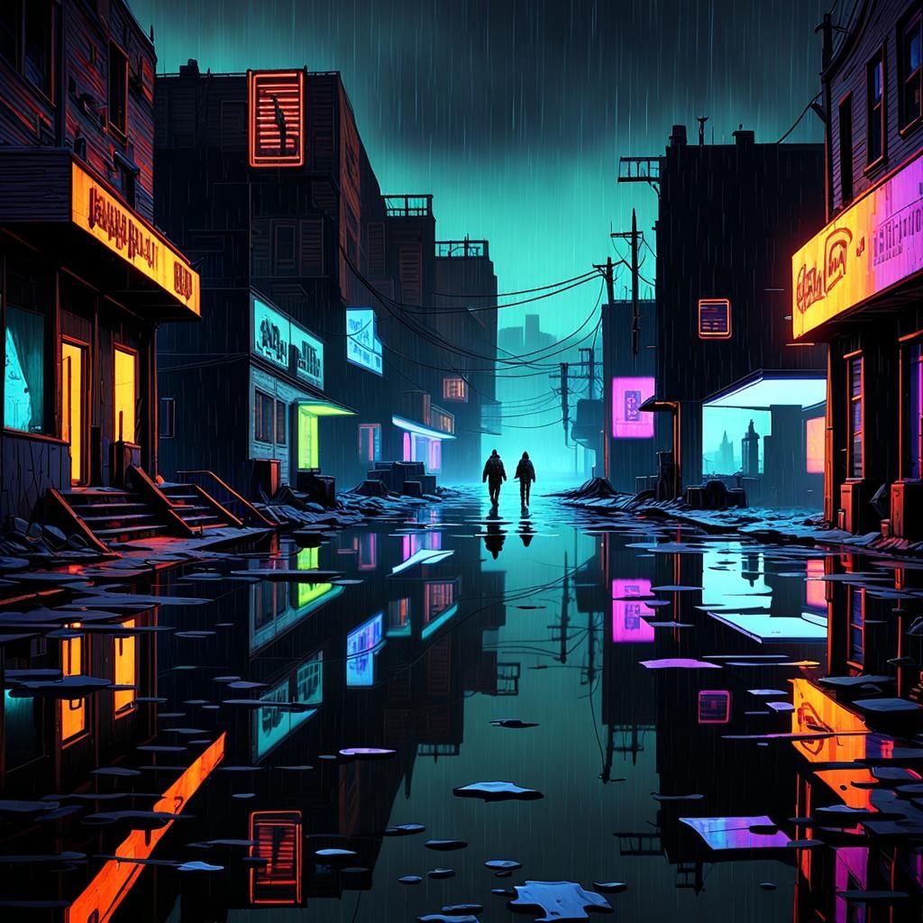 Post-Apocalyptic Survivor in Rainy Neon Cityscape
