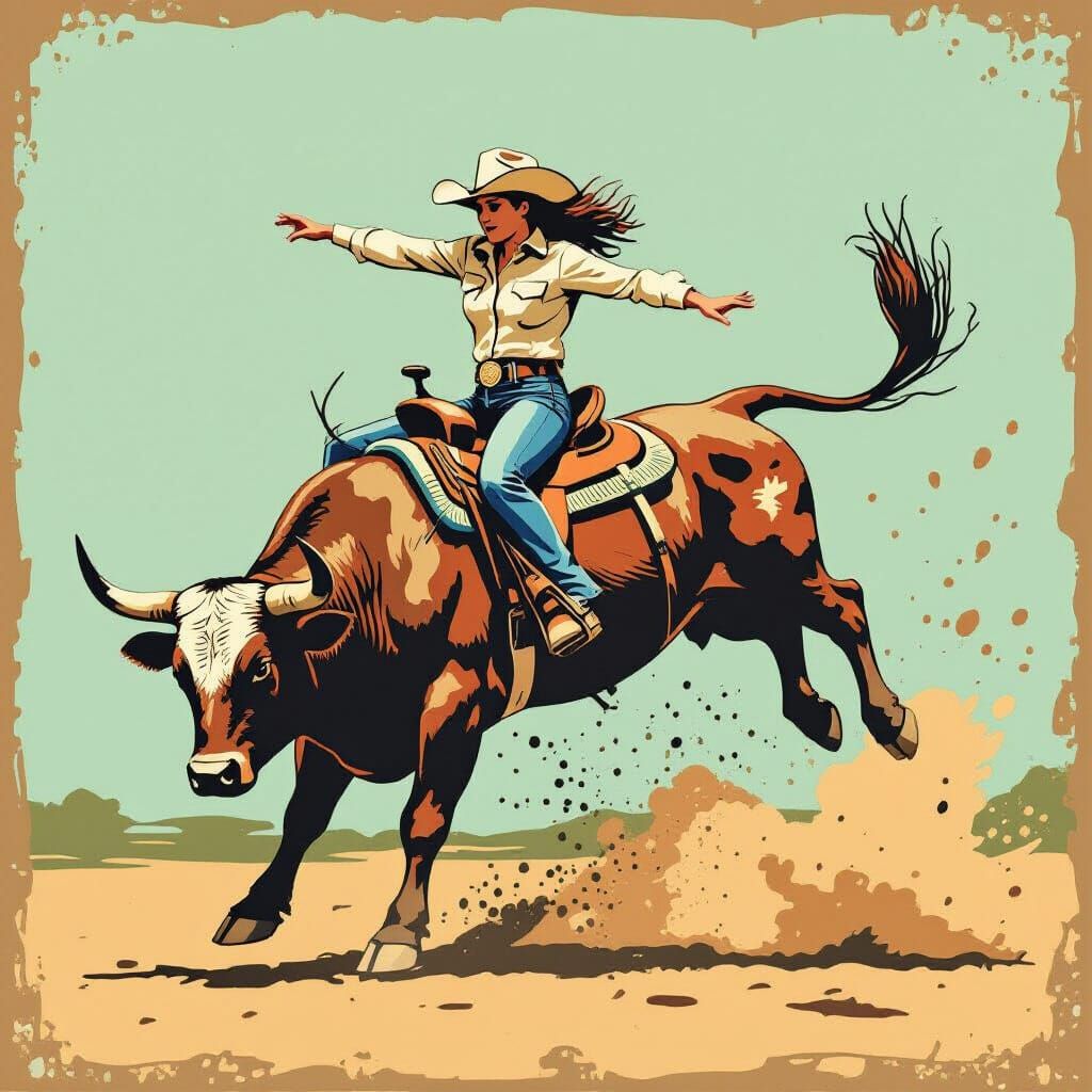 Cowgirl Rides Bucking Bull in Minimalist Vector Art