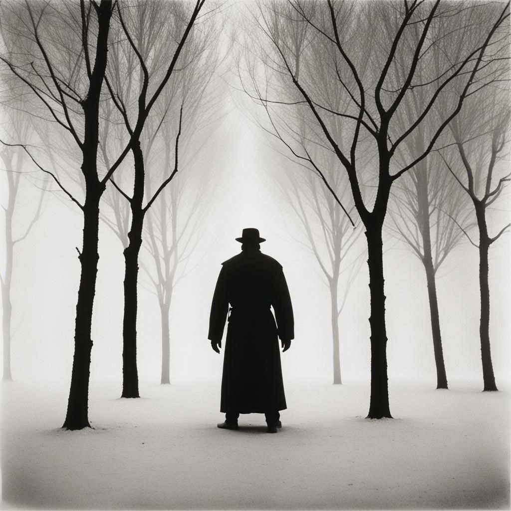 Minimalist Black and White Figure in Woods