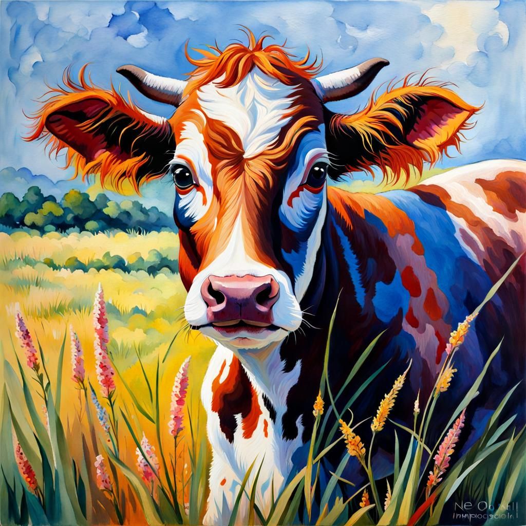 Baby Cow's First Steps: An Impressionist Gouache